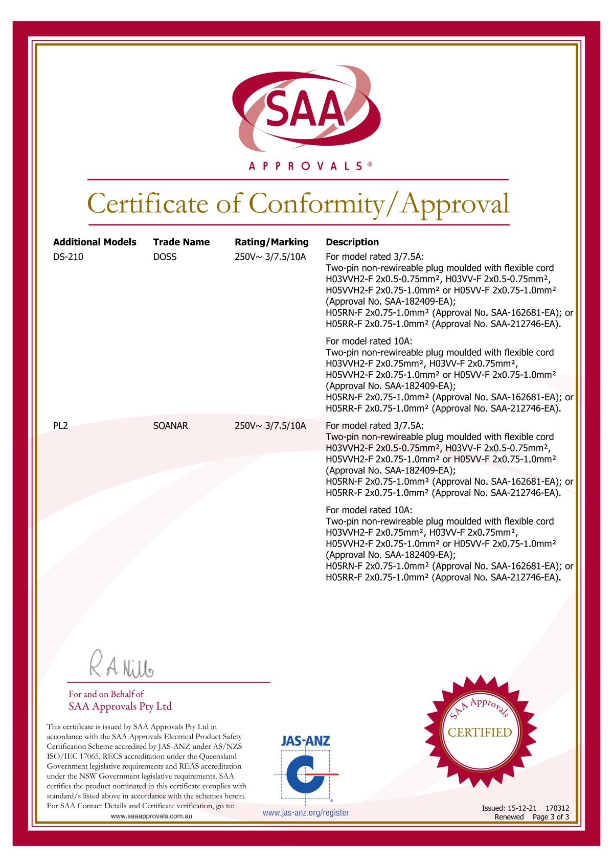 Certificate&nbsp;SAA-170312-EA